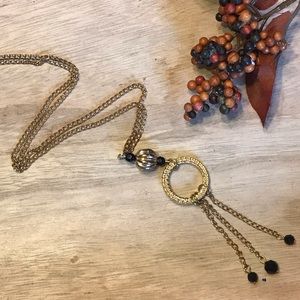 Vintage Long Gold Toned And Black Beaded Necklace